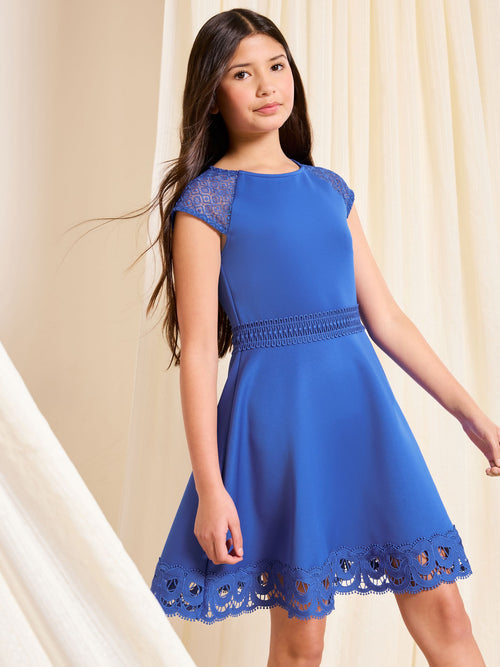 Dsiney Kidz - Lipsy Cobalt Blue Bow Lace Scuba Occasion Dress (5-16yrs) image 1