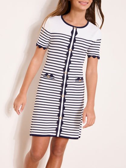 Lipsy White/Navy Blue Short Sleeve Stripe Knit Dress (5-16yrs) image 1