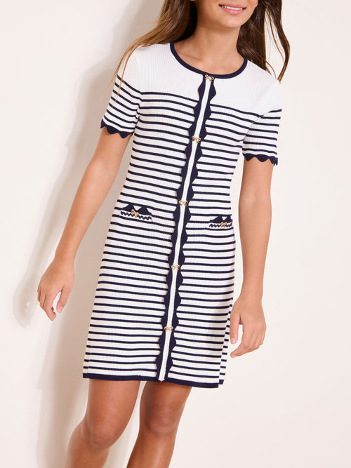 Lipsy White/Navy Blue Short Sleeve Stripe Knit Dress (5-16yrs) image 1