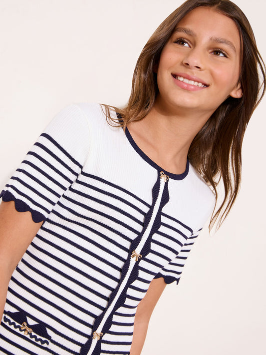Lipsy White/Navy Blue Short Sleeve Stripe Knit Dress (5-16yrs) image 2