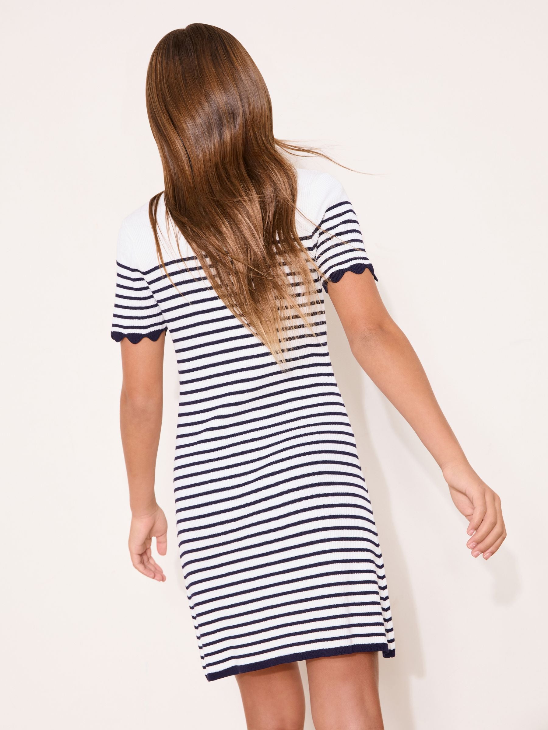 Lipsy White/Navy Blue Short Sleeve Stripe Knit Dress (5-16yrs) image 4