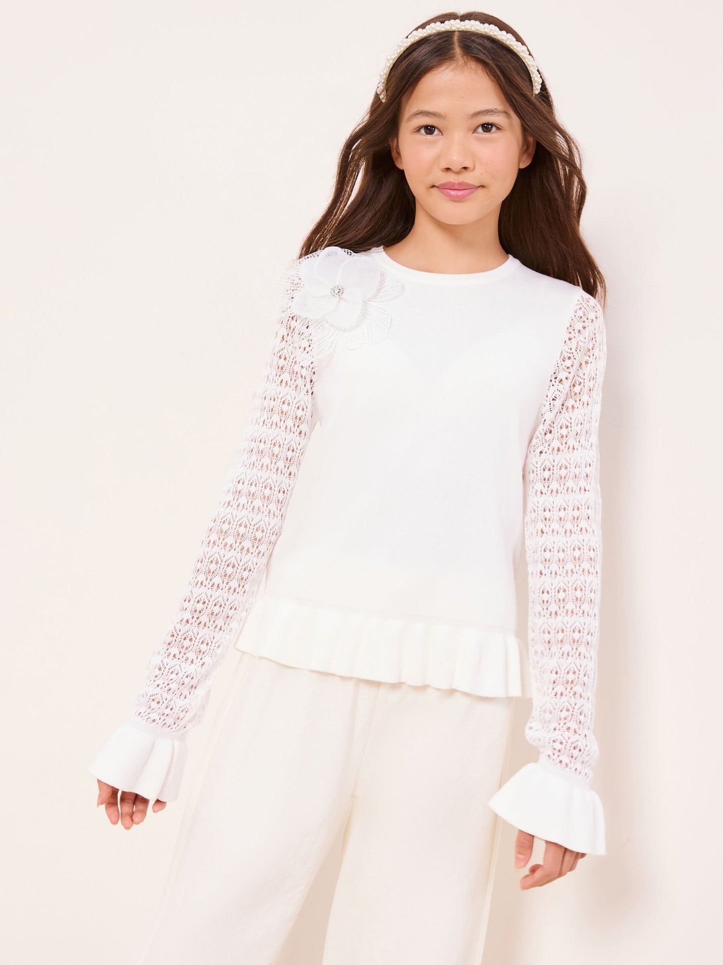 Dsiney Kidz - Lipsy White Knit Peplum Lace Occasion Jumper (5-16yrs) image 1