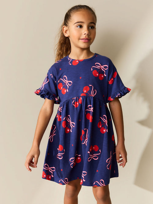 Navy Cherry Print Short Sleeve Jersey Dress (3-16yrs) image 1