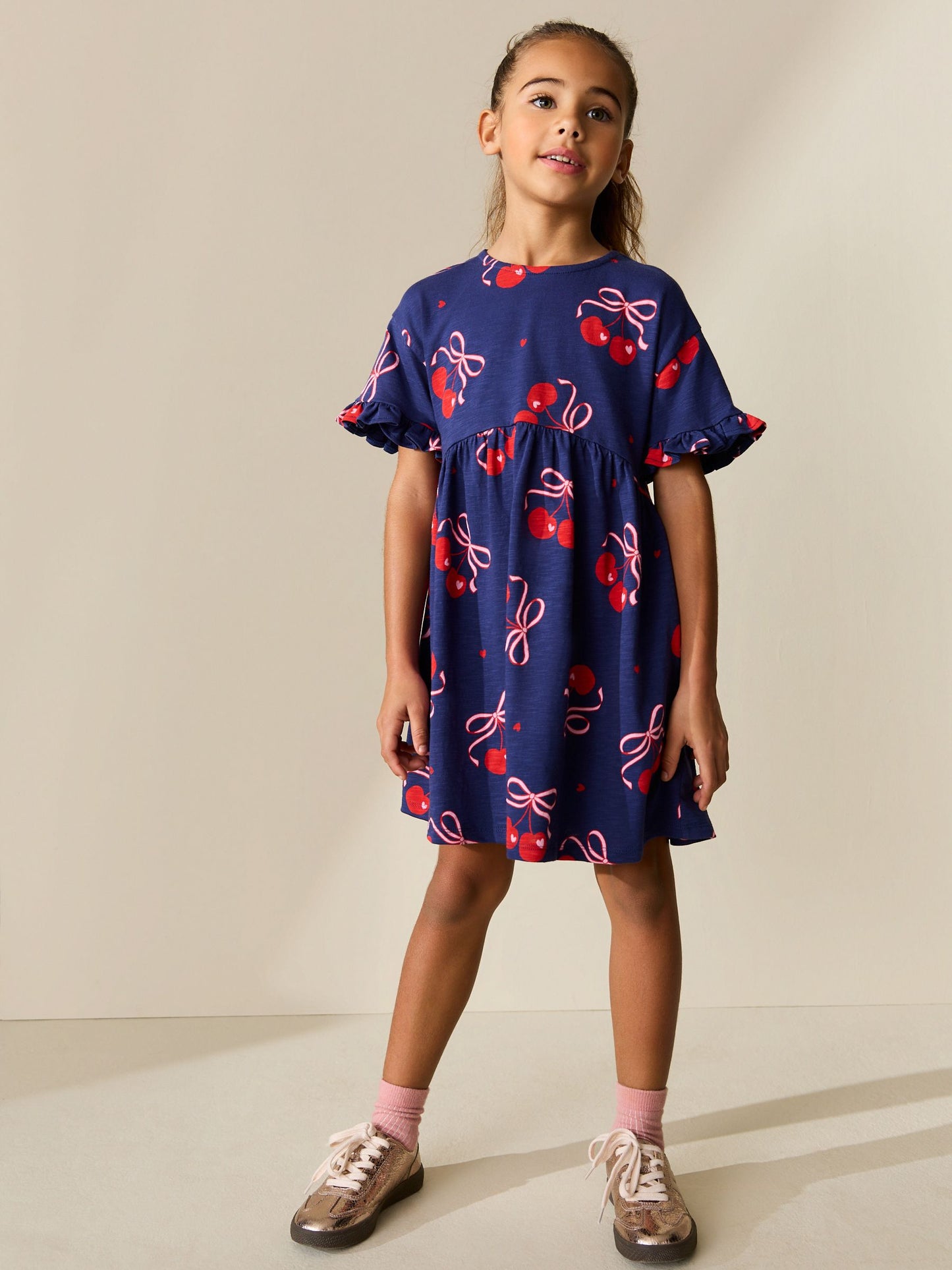 Navy Cherry Print Short Sleeve Jersey Dress (3-16yrs) image 2