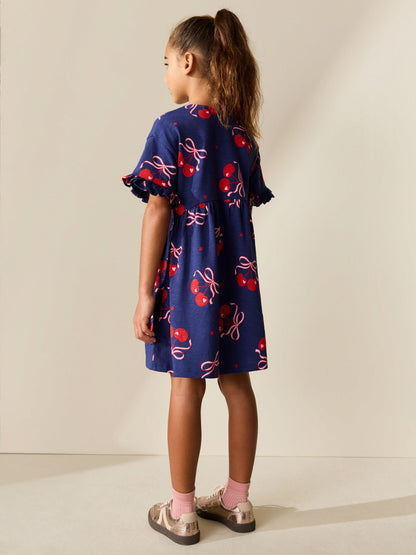 Navy Cherry Print Short Sleeve Jersey Dress (3-16yrs) image 3