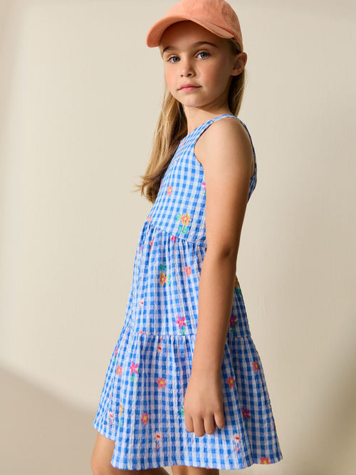 Blue Gingham Strappy Crinkle Summer Dress (3-16yrs) image 1