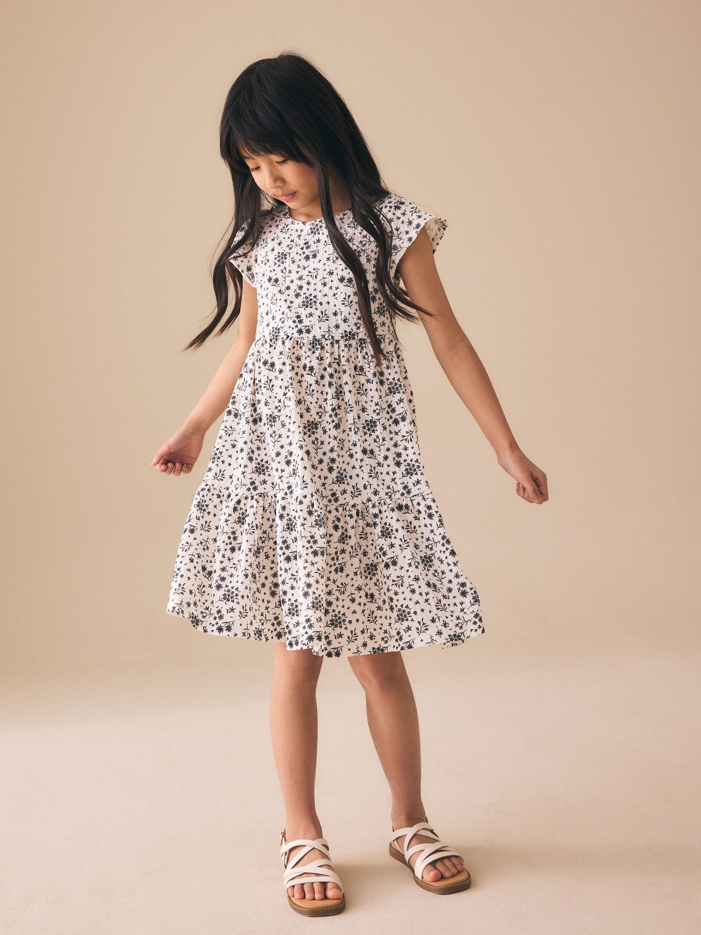 Monochrome Ditsy Angel Sleeve Crinkle Dress (3-16yrs) image 2