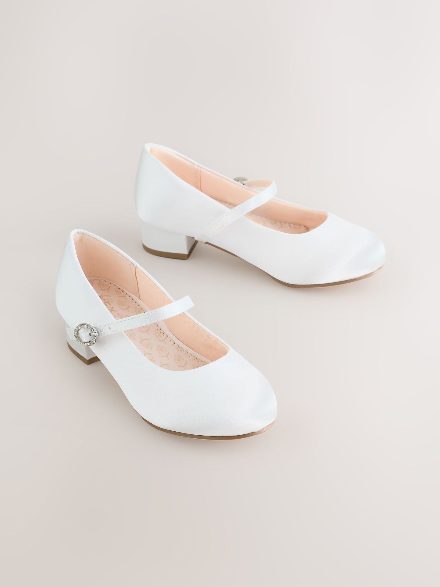 White Wide Fit (G) Stain Resistant Satin Mary Jane Flower Girl Heeled Shoes image 1