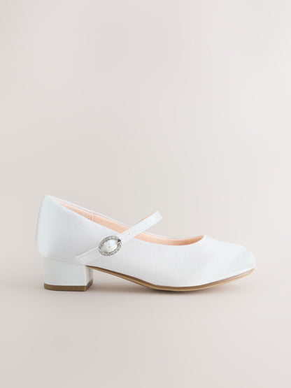 White Wide Fit (G) Stain Resistant Satin Mary Jane Flower Girl Heeled Shoes image 2