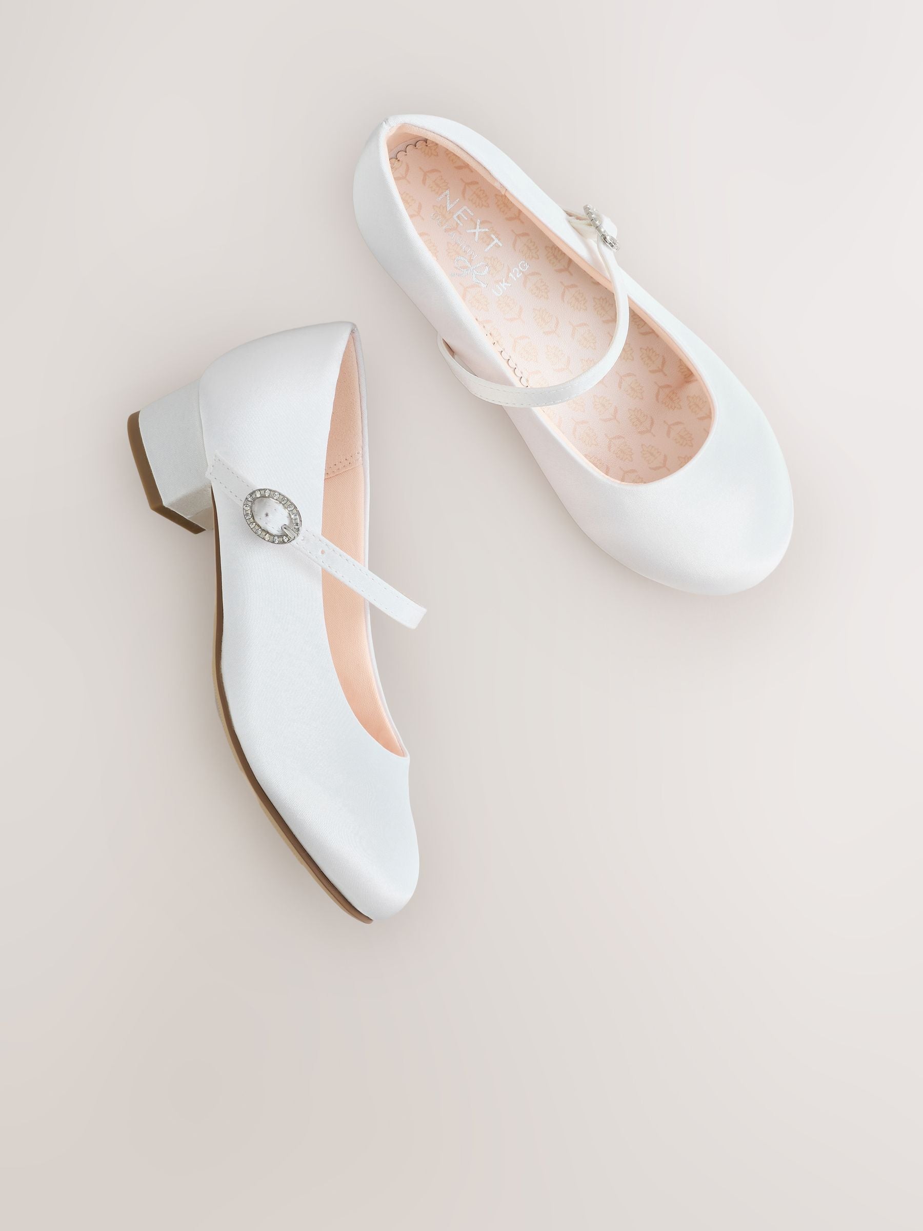 White Wide Fit (G) Stain Resistant Satin Mary Jane Flower Girl Heeled Shoes image 3
