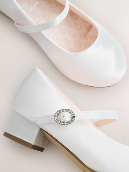 White Wide Fit (G) Stain Resistant Satin Mary Jane Flower Girl Heeled Shoes image 5