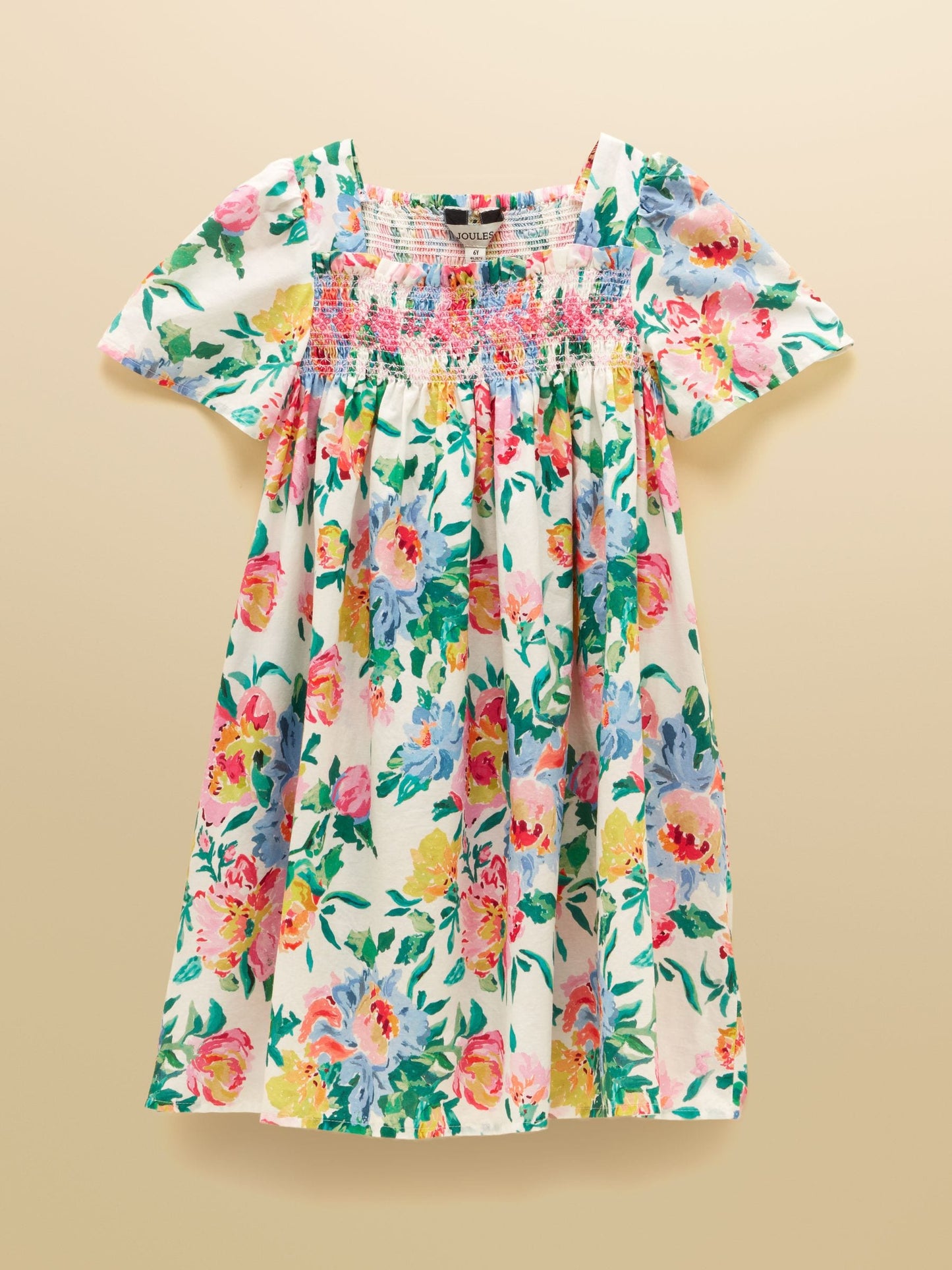 Joules Girls' Eliza Cream Floral Shirred Woven Dress image 1