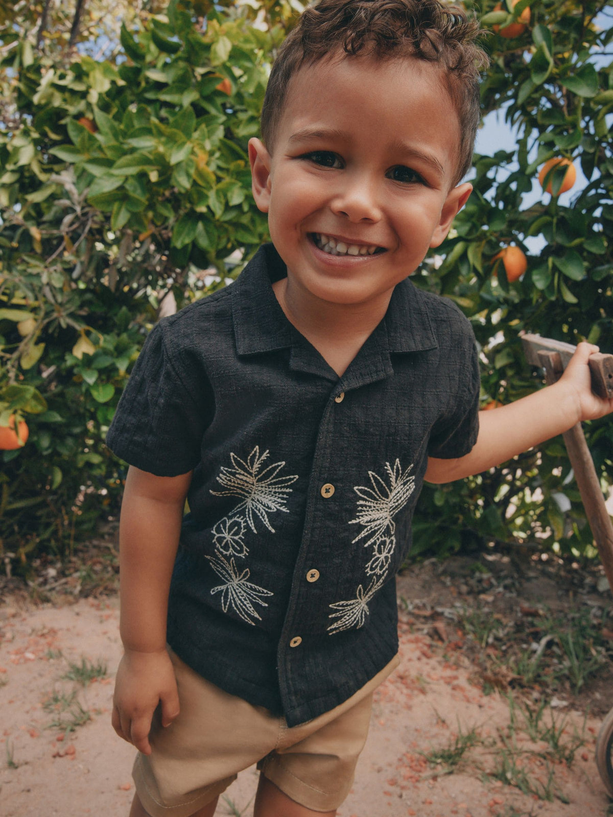Black Embroidery Flower Short Sleeve Revere Collar Textured Embroidered Shirt (3mths-7yrs) - image 1