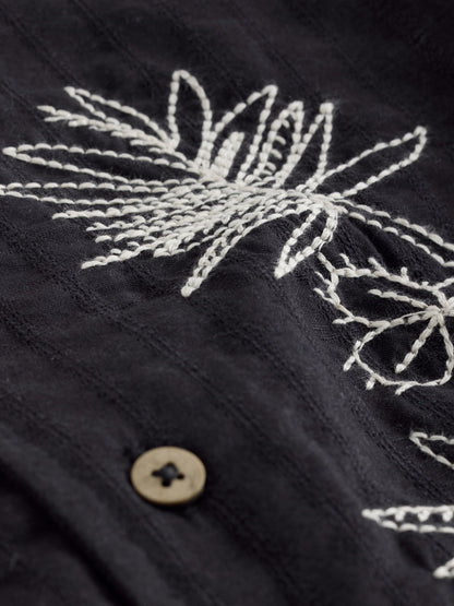 Black Embroidery Flower Short Sleeve Revere Collar Textured Embroidered Shirt (3mths-7yrs) - image 10
