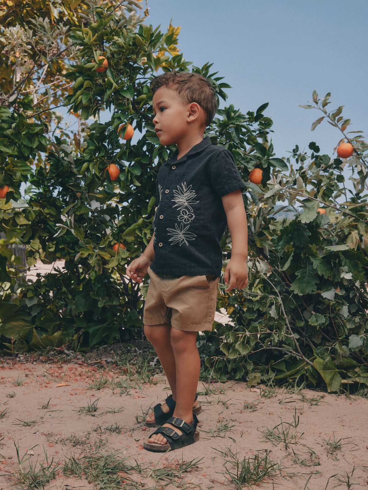 Black Embroidery Flower Short Sleeve Revere Collar Textured Embroidered Shirt (3mths-7yrs) - image 2