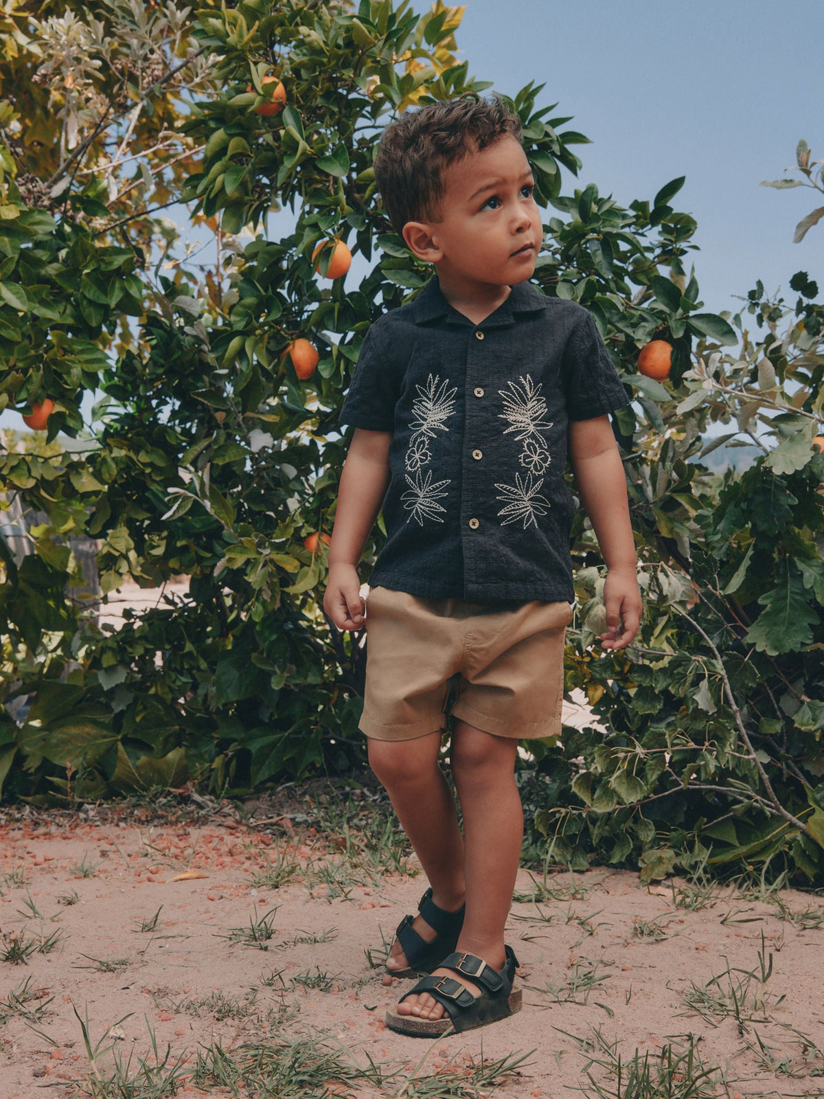 Black Embroidery Flower Short Sleeve Revere Collar Textured Embroidered Shirt (3mths-7yrs) - image 3