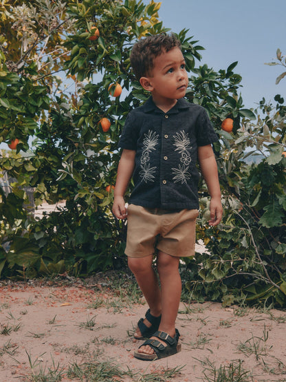 Black Embroidery Flower Short Sleeve Revere Collar Textured Embroidered Shirt (3mths-7yrs) - image 3