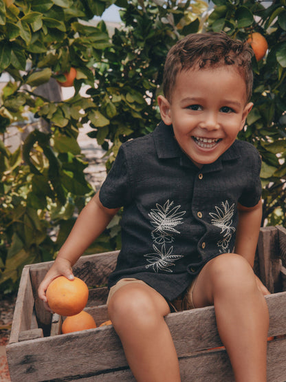 Black Embroidery Flower Short Sleeve Revere Collar Textured Embroidered Shirt (3mths-7yrs) - image 4