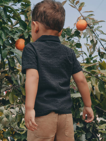 Black Embroidery Flower Short Sleeve Revere Collar Textured Embroidered Shirt (3mths-7yrs) - image 5