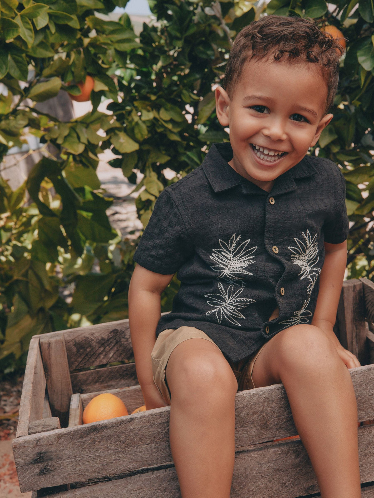 Black Embroidery Flower Short Sleeve Revere Collar Textured Embroidered Shirt (3mths-7yrs) - image 6