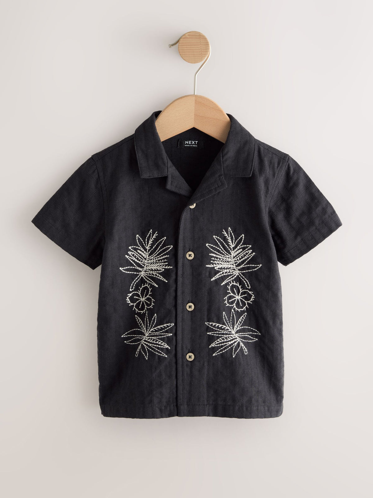 Black Embroidery Flower Short Sleeve Revere Collar Textured Embroidered Shirt (3mths-7yrs) - image 7