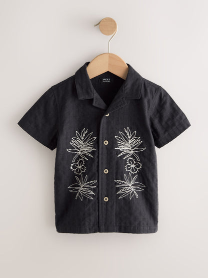 Black Embroidery Flower Short Sleeve Revere Collar Textured Embroidered Shirt (3mths-7yrs) - image 7