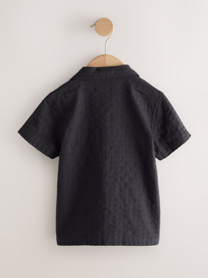 Black Embroidery Flower Short Sleeve Revere Collar Textured Embroidered Shirt (3mths-7yrs) - image 8