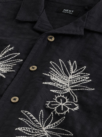 Black Embroidery Flower Short Sleeve Revere Collar Textured Embroidered Shirt (3mths-7yrs) - image 9