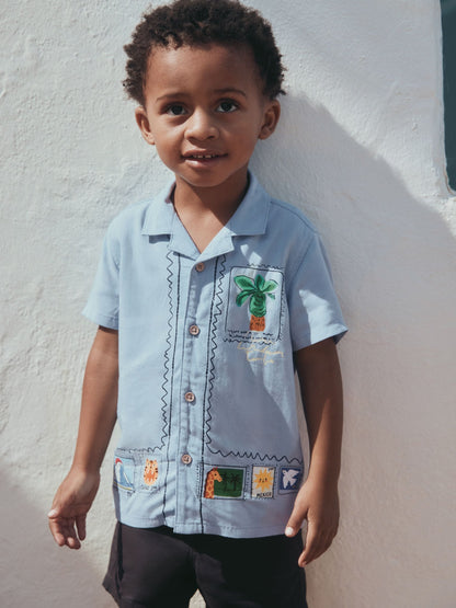 Dsiney Kidz - Blue Palm Print Short Sleeve Revere Collar Printed Shirt (3mths-7yrs) image 1