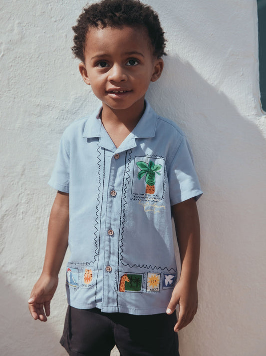 Disney Kidz - Blue Palm Print Short Sleeve Revere Collar Printed Shirt (3mths-7yrs) image 1