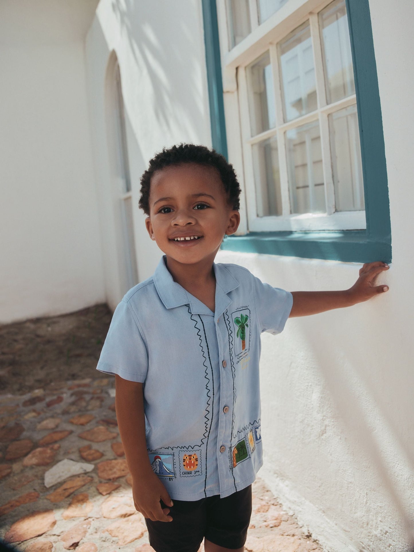 Dsiney Kidz - Blue Palm Print Short Sleeve Revere Collar Printed Shirt (3mths-7yrs) image 4
