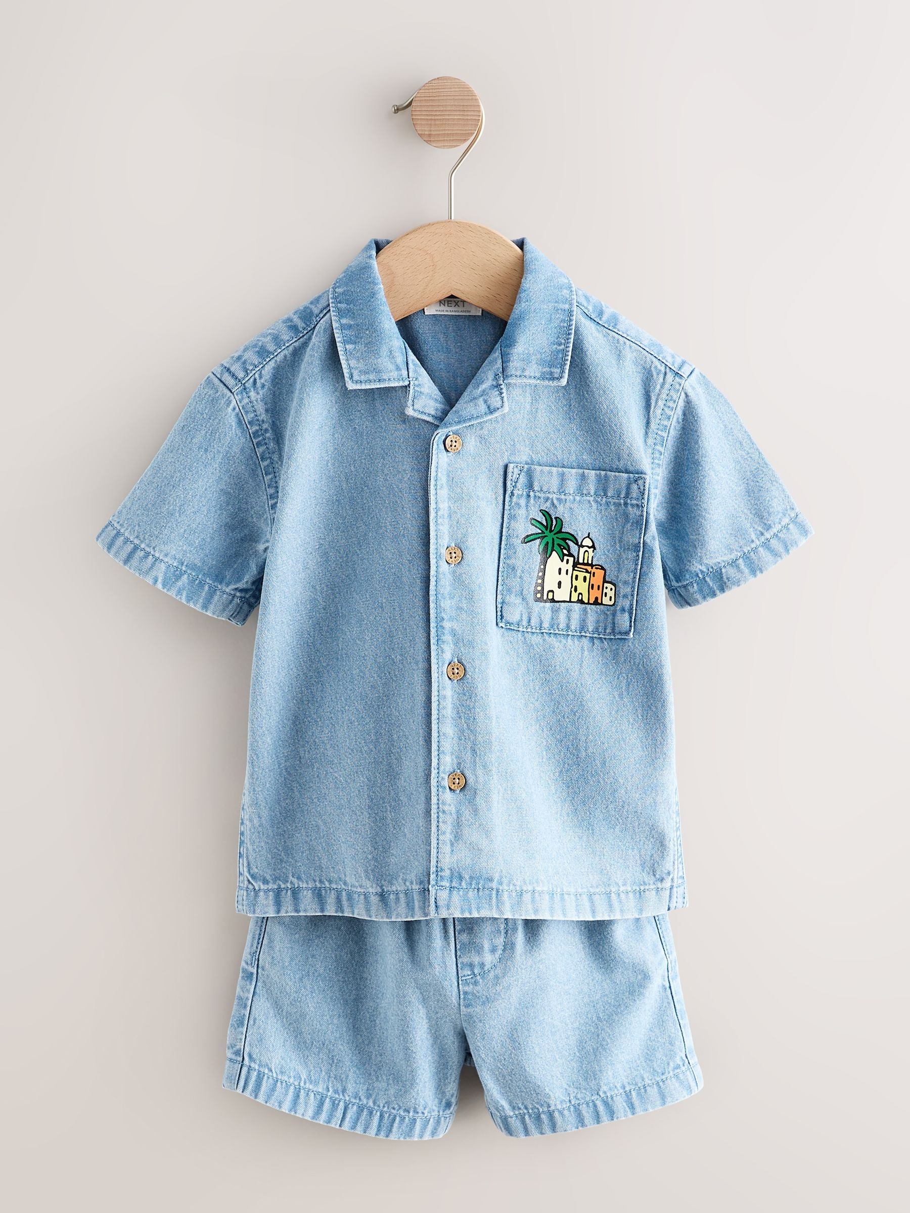 Blue Denim Palm Embroidery Short Sleeve Revere Collar Shirt & Shorts Set (3mths-10yrs) image 1