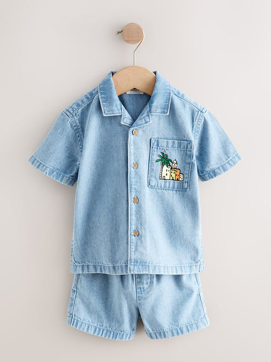 Blue Denim Palm Embroidery Short Sleeve Revere Collar Shirt & Shorts Set (3mths-10yrs) image 1