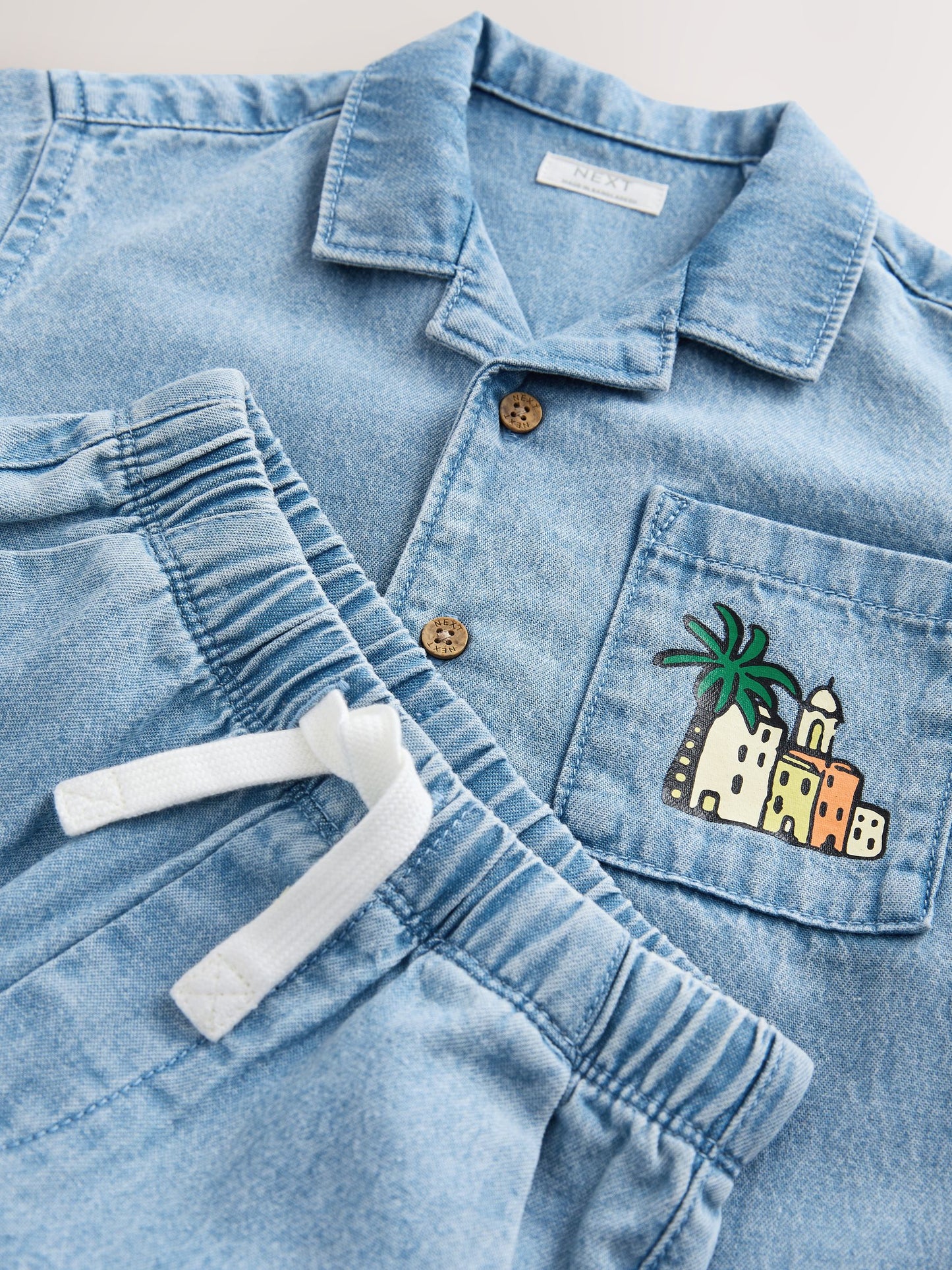Blue Denim Palm Embroidery Short Sleeve Revere Collar Shirt & Shorts Set (3mths-10yrs) image 6