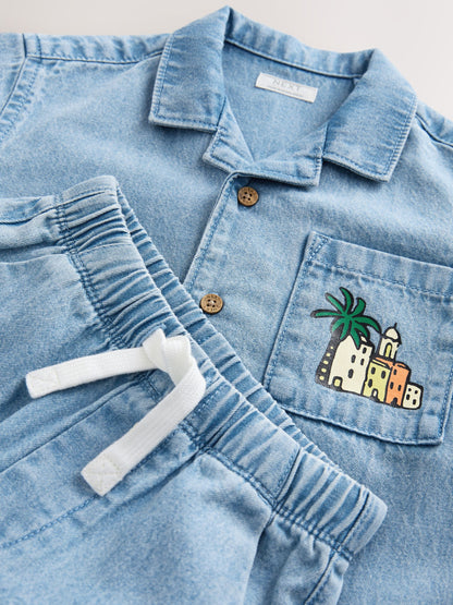 Blue Denim Palm Embroidery Short Sleeve Revere Collar Shirt & Shorts Set (3mths-10yrs) image 6