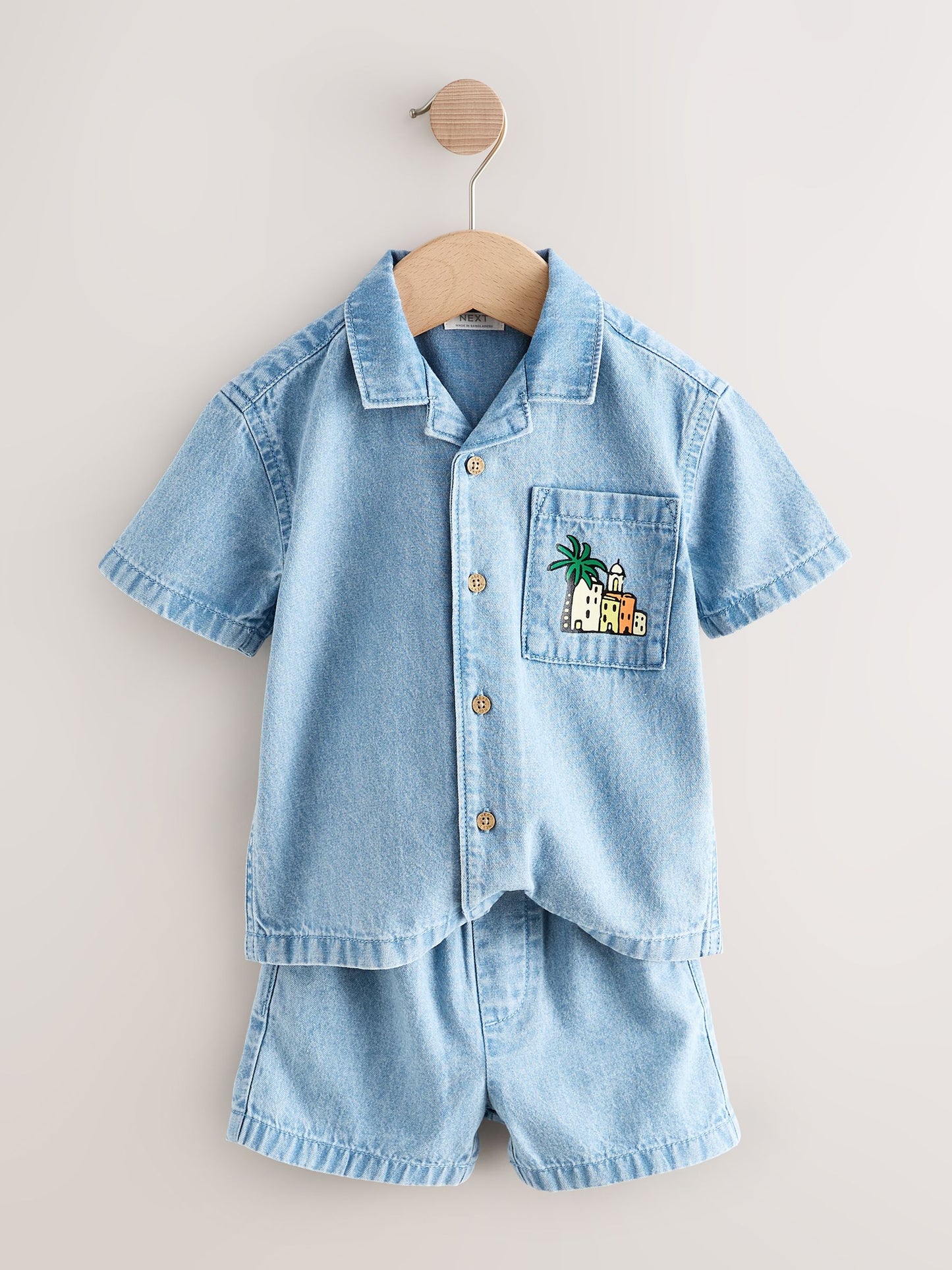 Blue Denim Palm Embroidery Short Sleeve Revere Collar Shirt & Shorts Set (3mths-10yrs) image 7