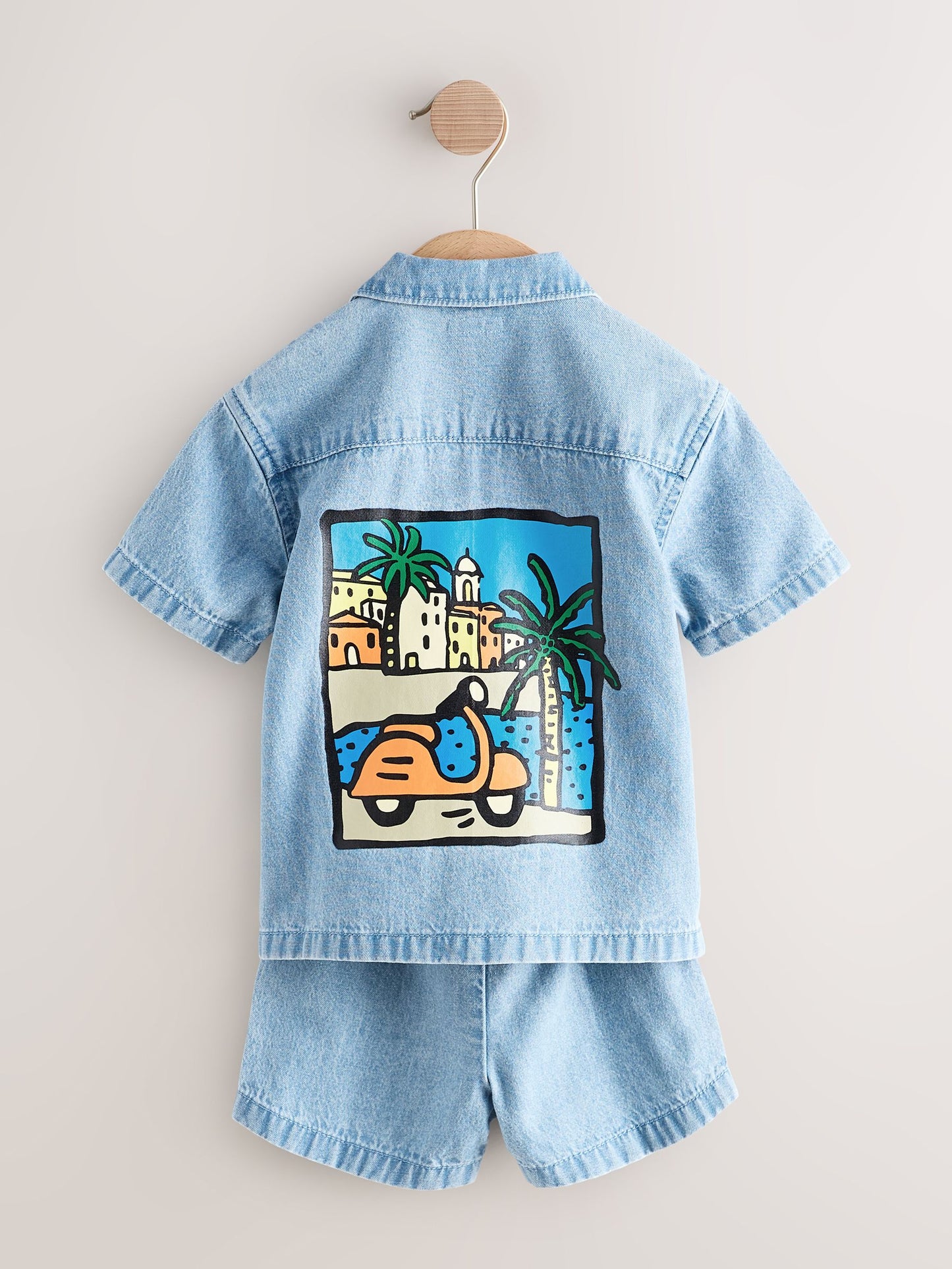 Blue Denim Palm Embroidery Short Sleeve Revere Collar Shirt & Shorts Set (3mths-10yrs) image 8