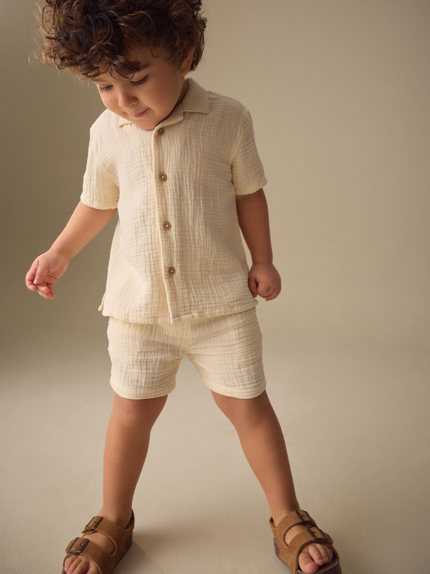 Ecru Plain Short Sleeve Double Cloth Shirt & Shorts Set (3mths-10yrs) image 1