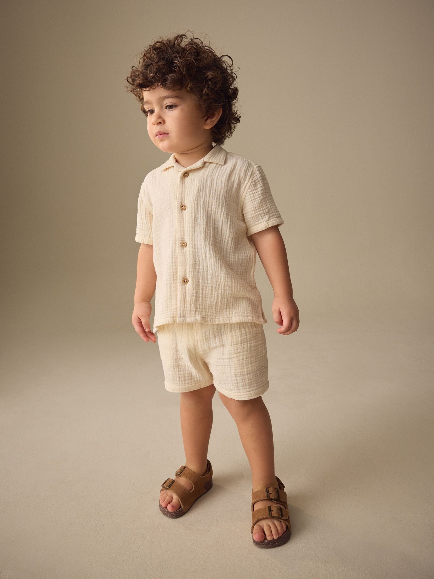 Ecru Plain Short Sleeve Double Cloth Shirt & Shorts Set (3mths-10yrs) image 3