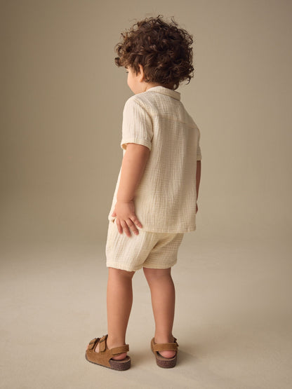 Ecru Plain Short Sleeve Double Cloth Shirt & Shorts Set (3mths-10yrs) image 4
