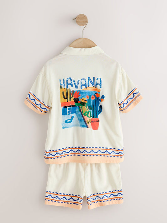 Ecru Fruta de Cuba Print Short Sleeve Revere Collar Shirt & Shorts Set (3mths-10yrs) image 3