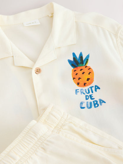 Ecru Fruta de Cuba Print Short Sleeve Revere Collar Shirt & Shorts Set (3mths-10yrs) image 11