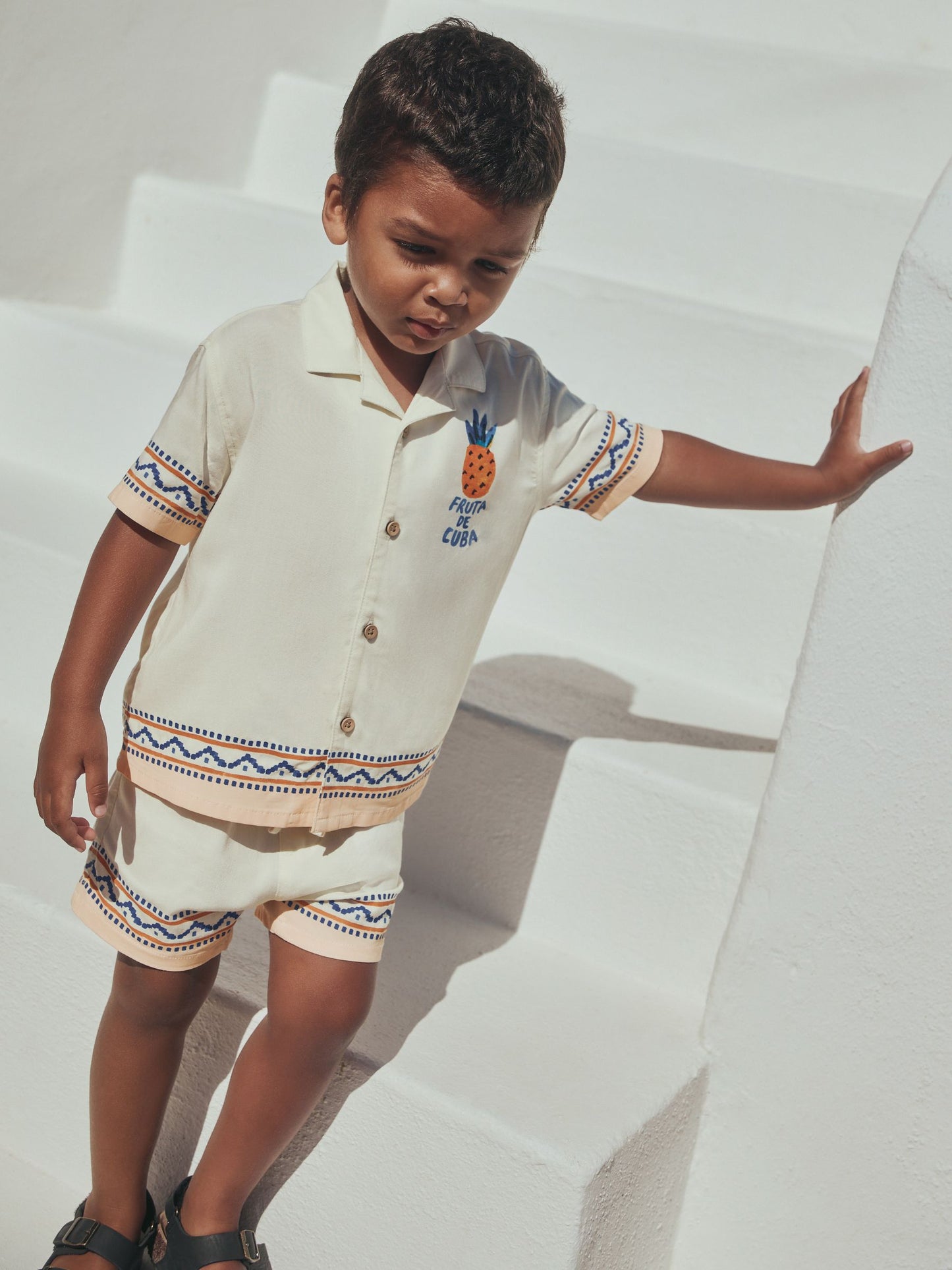 Ecru Fruta de Cuba Print Short Sleeve Revere Collar Shirt & Shorts Set (3mths-10yrs) image 3