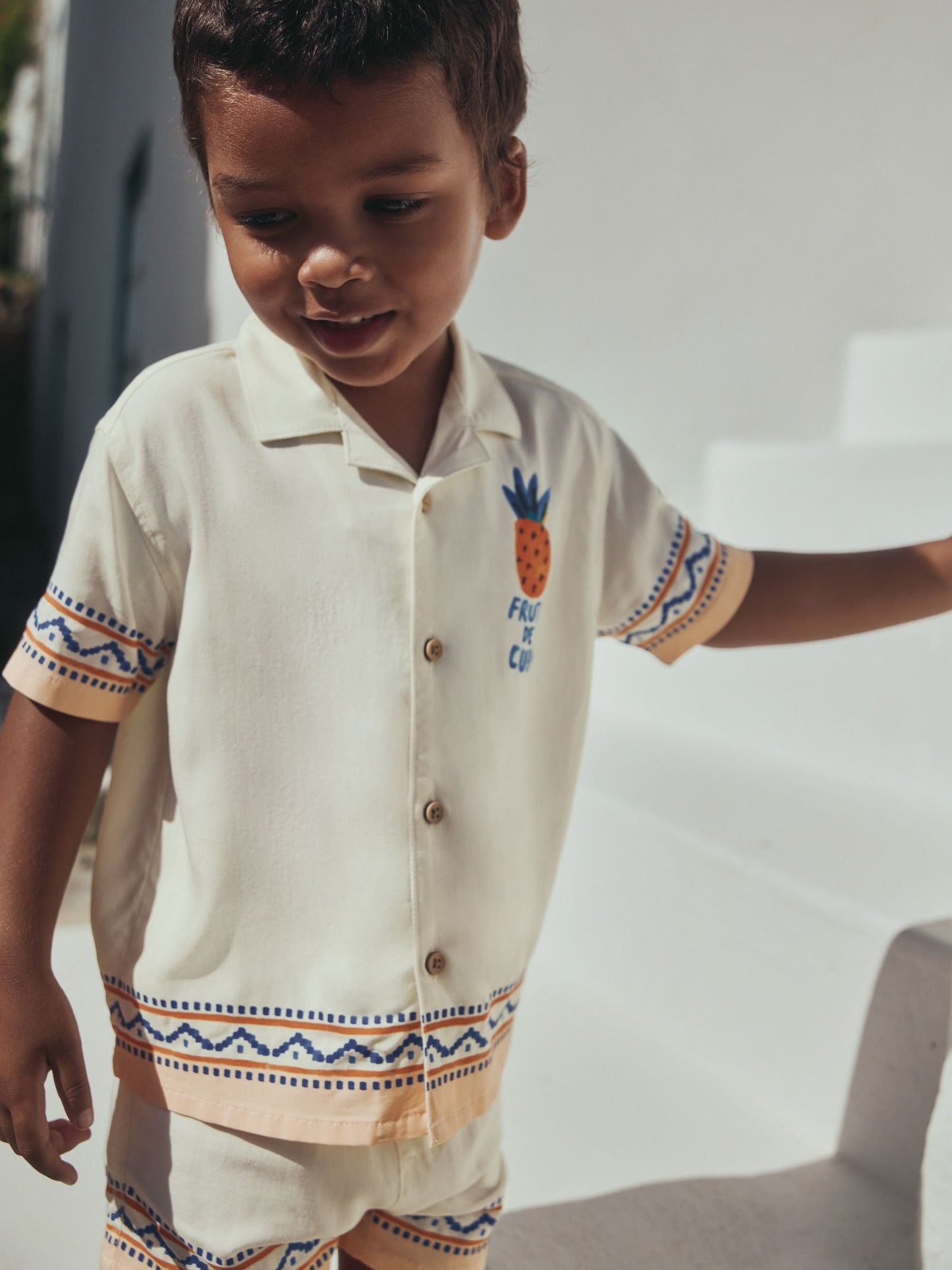 Ecru Fruta de Cuba Print Short Sleeve Revere Collar Shirt & Shorts Set (3mths-10yrs) image 5