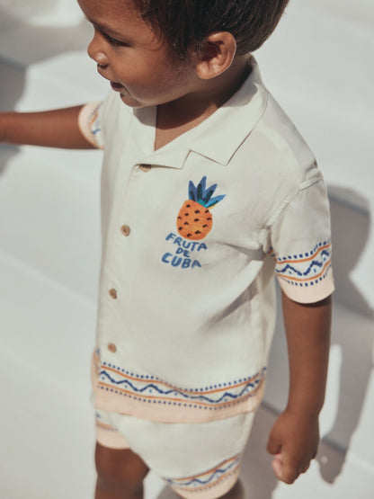 Ecru Fruta de Cuba Print Short Sleeve Revere Collar Shirt & Shorts Set (3mths-10yrs) image 6
