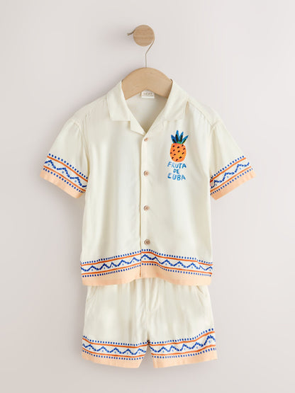 Ecru Fruta de Cuba Print Short Sleeve Revere Collar Shirt & Shorts Set (3mths-10yrs) image 8