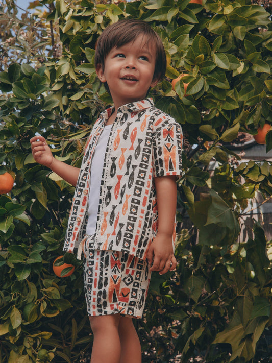 Ecru All Over Print Fish Short Sleeve AOP Shirt and Shorts Set (3mths-10yrs) image 1