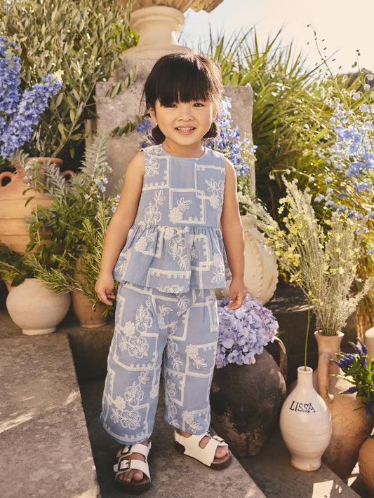 Blue/Ecru Embroidered Blouse And Trousers Co-ord Set (3mths-8yrs) image 1