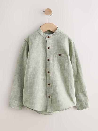 Dsiney Kidz - Sage Green Long Sleeve Grandad Collar Cotton/Linen Mix Texture Shirt (3-16yrs) image 1