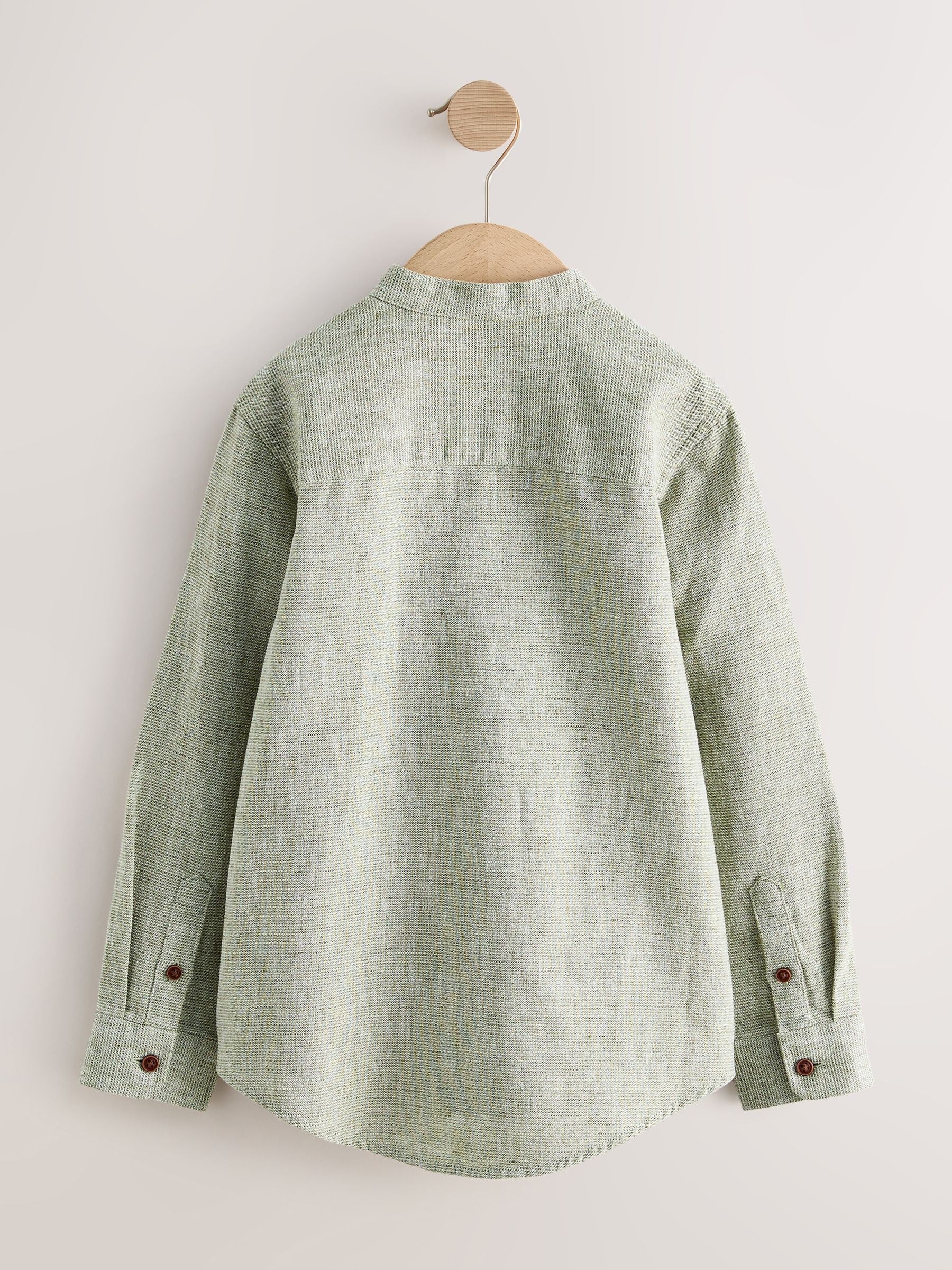Dsiney Kidz - Sage Green Long Sleeve Grandad Collar Cotton/Linen Mix Texture Shirt (3-16yrs) image 2